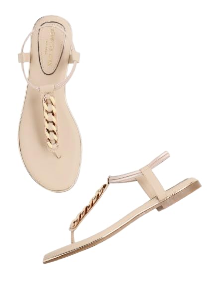 KENNETH COLE Women's Flat Sandal | Synthetic | Gold-Tone Chain T-Strap, Elastic Ankle Strap | White, EU39