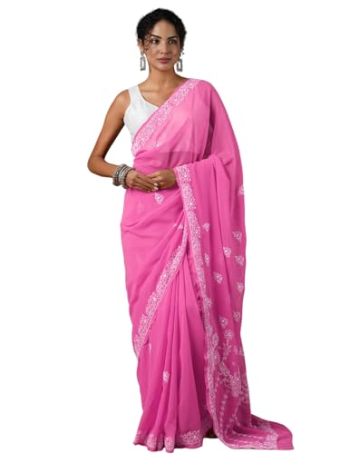 Ada Hand Embroidered Lucknow Chikan Faux Georgette Women's Chikan Saree With Blouse A130252 Pink