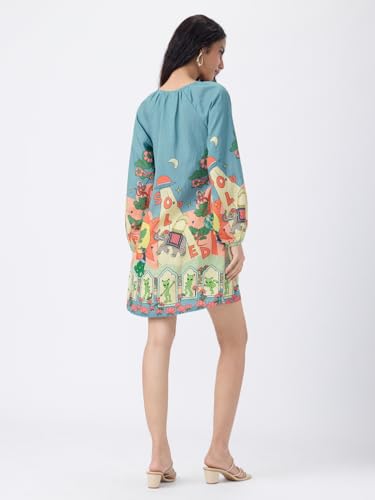 The Souled Store Textured Dress: Astral Bloom Women and Girls Long Sleeves V-Neck Graphic Printed Viscose Nylon Blend Relaxed Fit Lightweight Casual Tiered Smock Dress
