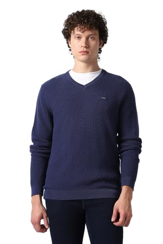 Men Navy Textured V Neck Sweater