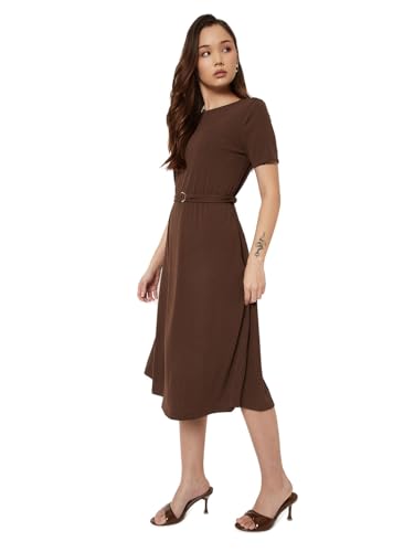 Max Women Textured A-line Belted Dress (Brown_XL)