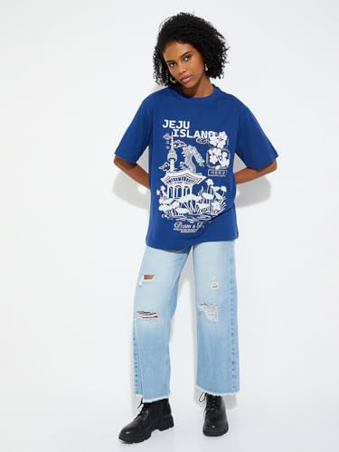 Max URB_N Women Oversized Printed T-Shirt (Blue_XXL)