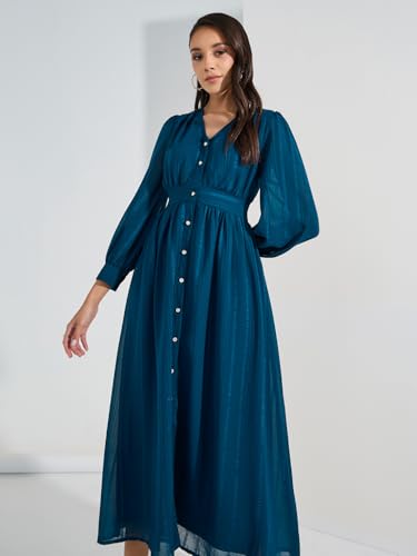 Styli Women's Polyester A-Line Maxi Casual Dress (7007468734_Teal
