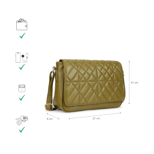 Fastrack Metro Quilt Sling Bag for Women|Olive Faux Leather Crossbody Bag| Quilted Flap Design with Zip & Magnetic Closure|Spacious Compartment with Organiser Pockets|Adjustable Strap|External Pocket