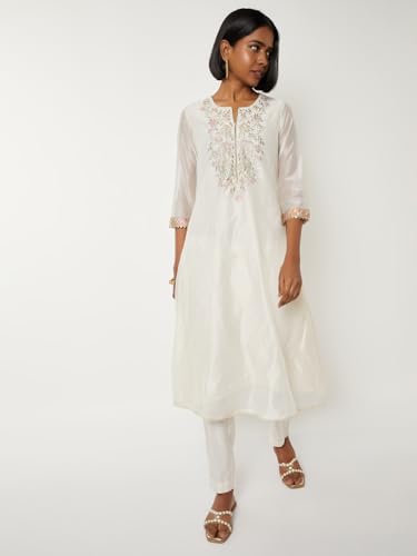 Max Women Embroidered A-line Kurta Set (White_M)