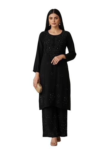Fashion Chikan Art Women’s Lucknowi Rayon Mukaish Chikankari Straight Kurti & Palazzo Set | Hand-Embroidered Ethnic Wear | Festive & Casual Wear Kurta Set (S, Black)