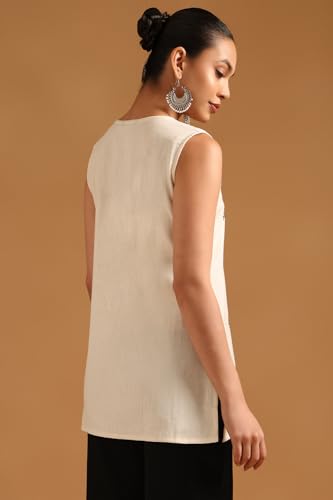 Soch Womens Off White Cotton Floral Tunic with Thread Work