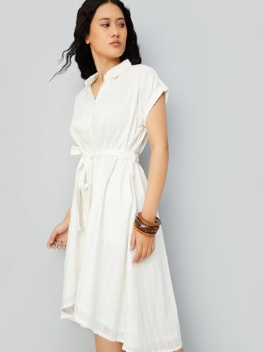 Max Women's Cotton A-Line Below The Knee Dress (EC58002_Off White