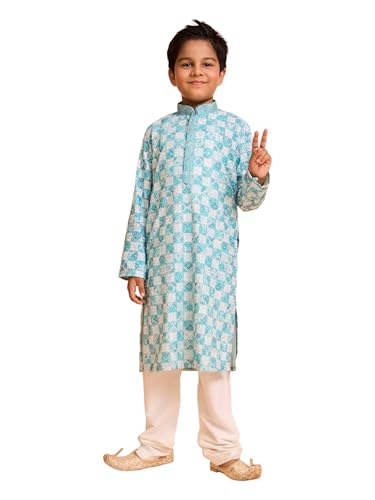 Manyavar Boys Cotton Blend Printed|Embroidery Kurta Pyjama Set (Aqua Green,8-10Y)