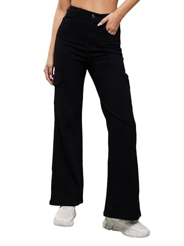 Miss Chase Women's Wide Leg High Rise Patch Pocketed Regular Stretchable Denim Jeans (MCSS24DEN98-82-331-38, Lead Black, 38)