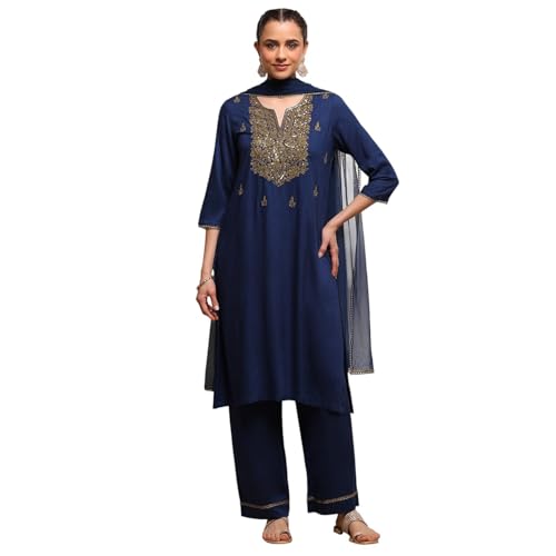Biba Women Blue Viscose Rayon Straight Solid Suit Set_42