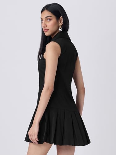 The Souled Store Tennis Dress: Smoked Black Women and Girls Sleeveless Collared Neck Solid Polyester Slim Fit Lightweight Pleated Hem Casual Skater Tennis Dress