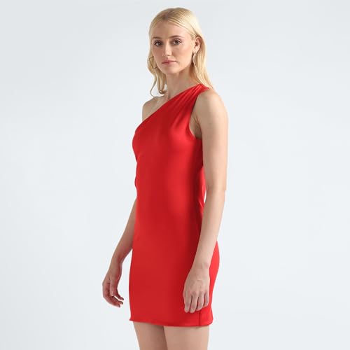 Tommy Hilfiger Polyester Red Solid Asymetric One Shoulder Women Bodycon One-Shoulder Dress (M)