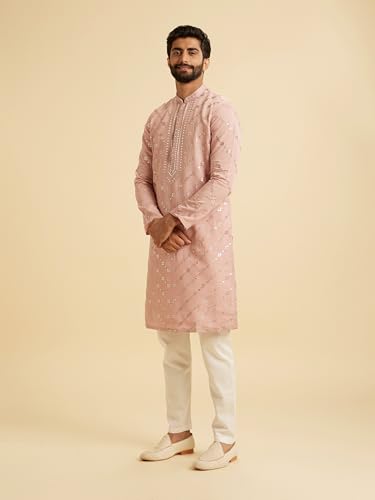 Manyavar Men's Art Silk Mirror Work Embroidered Kurta Pajama Set (Dusty Pink,L)
