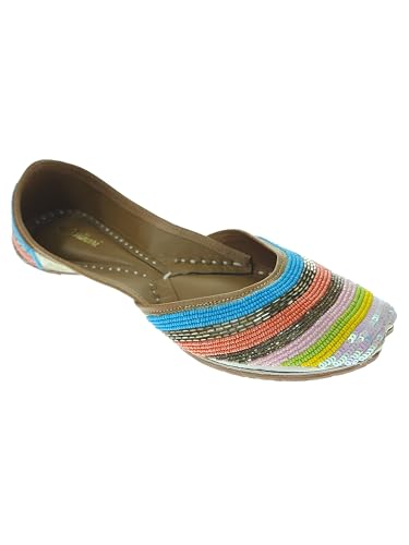 Fulkari Women's Salvia Gold Multicolor Soft Leather Embroidered Jutis | Bite and Pinch Free Jutti | Punjabi Formal Juttis | Girl's Wedding Flat Ladies Mojari | Formal Ethnic Juti | 41