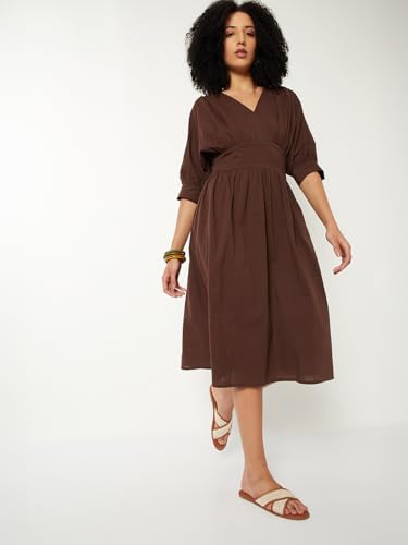 Max Women Textured A-line Midi Dress (Brown_XS)