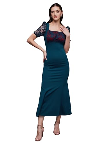 Miss Chase Women's Square Neck Short Puff Sleeve Self Design Lace Overlaid Bodycon Maxi Dress (MCAW25D87-01-UVE-05, Harbor Teal, L)