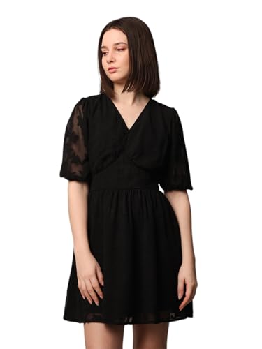 ONLY Women Self Design Party Black Fit and Flare Dress