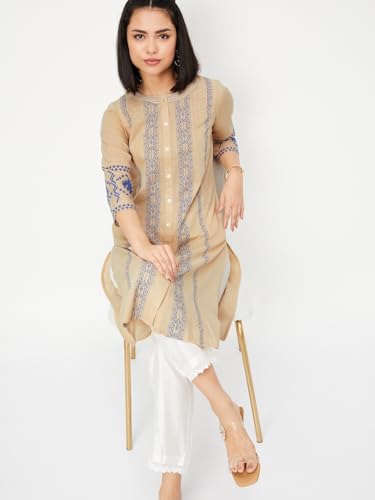 Max Women's Cotton Regular Fit Kurta (PFWWSP25DI_Beige, Medium
