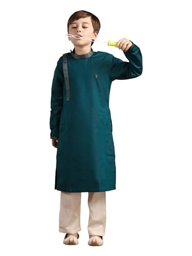 Manyavar Boys Blue Blended Cotton Kurta Pyjama Set((6-8 years)