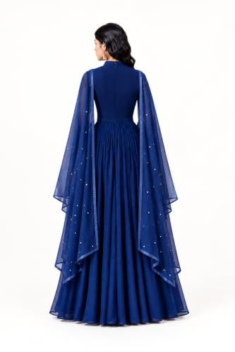 Navy Blue Embroidered Anarkali Gown with Gold Sequin Work