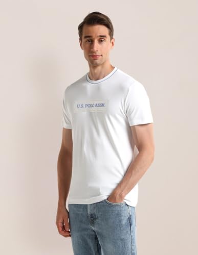 U.S.POLO ASSN. Mens White Logo Crew Neck Half Sleeve Casual Cotton Blend Fitted T-Shirts (USTSH2095_White_2XL)