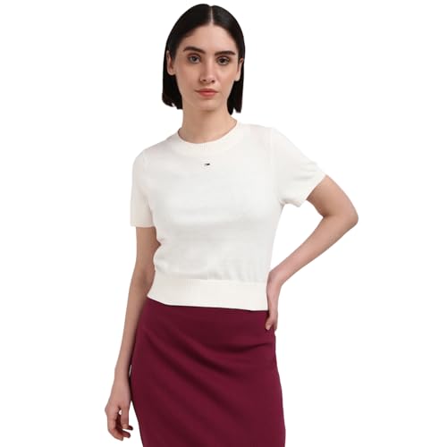 Tommy Hilfiger Off White Cotton Solid Women Sweater
