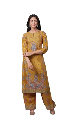 W for Woman Glitter Printed Shantung Straight Kurta And Pants Set