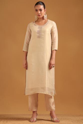 Soch Womens Beige Viscose Blend Floral Salwar Suit With Zari Embroidery and Cutdana