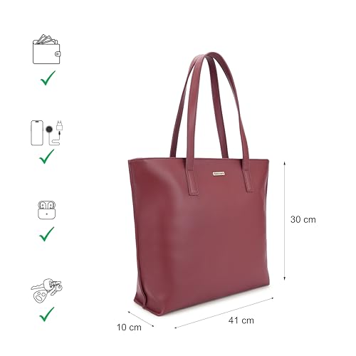 Fastrack Carrycore Tote | Cherry Red Faux-Leather Women's Bag | Spacious Tote Bag with Zipper Closure & Utility Pockets For Daily Carry | Eligible For 14" Laptop