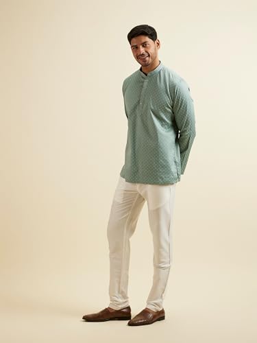 Manyavar Men's Cotton Digital Print|Embroidered Short Kurta (Green,M)