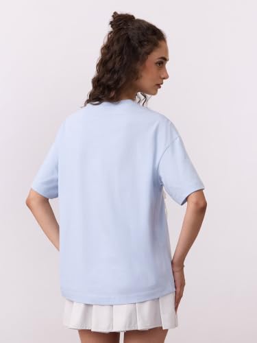 The Souled Store Winnie The Pooh: Reading Era Women and Girls Short Sleeves Round Neck Light Blue Embellished Cotton Oversized Breathable Comfortable Summer T-Shirts