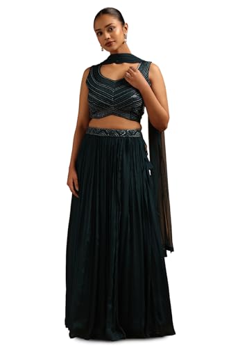 Soch Womens Teal Chinon Embellished Lehenga Choli With Sequins