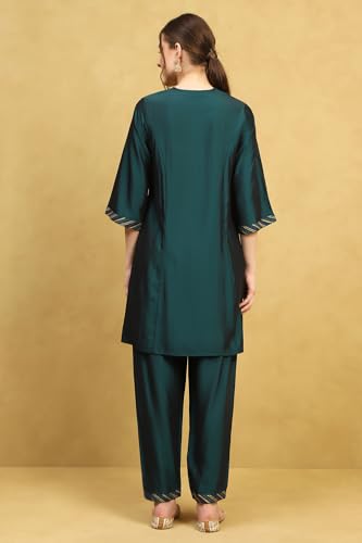 Rangriti Women Deep Green Polyester Blend Embroidered A-Line Kurta Set_36