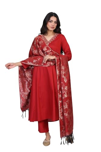 W for Woman Deep Floral Printed Metallic Embroidered Flared Woven Kurta with Straight Pant and Jacquard Dupatta Set - Red (WS13301-224416-3XL)