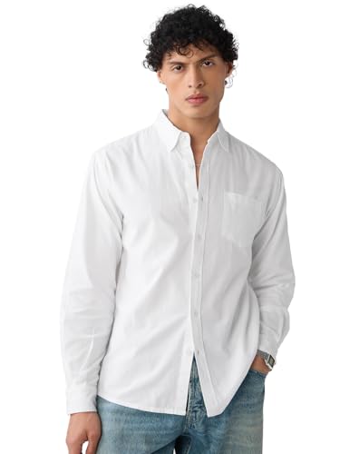 The Souled Store Supima Shirt: Classic White Men and Boys Long Sleeves Collared Neck Button Front Solid Regular Fit Cotton Supima Shirts