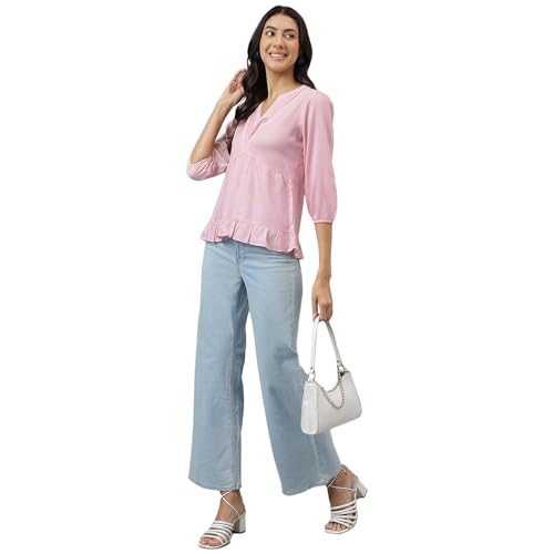 Latin Quarters Women Pink V-Neck Three-Quarter Sleeves Solid for Casual Wear_XXL