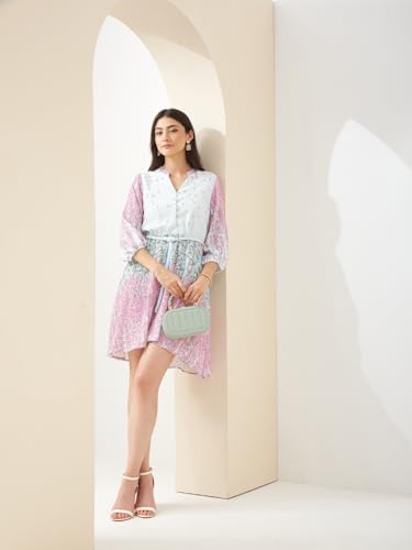 Latin Quarters Women Pink Mandarin Collar 3/4 Sleeves Fit & Flare Printed Casual Dress_M