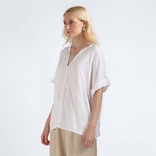 Tommy Hilfiger White Solid V Neck Short Sleeves Women Top (XL)