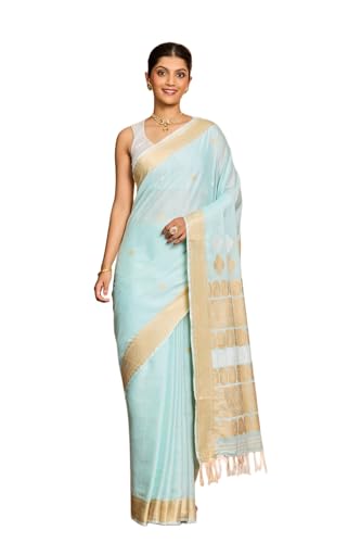 Taneira Women Light Blue Assam Woven Modal Eri Saree with Unstitched Blouse Piece (SAIH01AB9978-Light Blue)