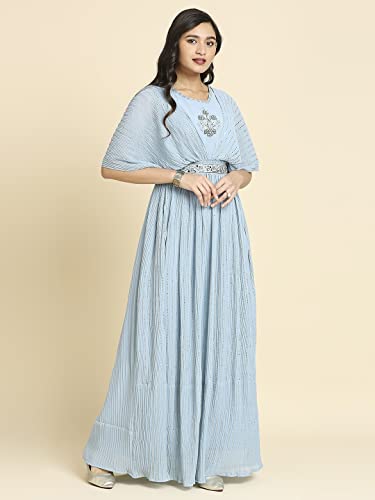 madhuram Women's Long Gown for Solid Georgette with Heavy Embroidery and Hand Work with Belt(2408) (in, Alpha, 4XL, Regular, 1) Sky Blue