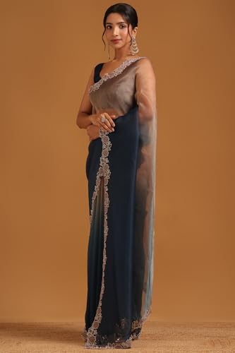 Soch Womens Blue Fendy Organza Ombre Saree With Stone Work