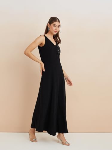 Latin Quarters Women's Black V-Neck Sleeveless Solid Party Fit & Flare Dress_XXL