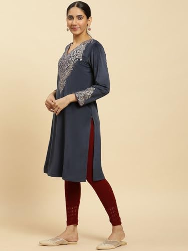 W for Woman Blue Embroidered Flared Velvet Kurta (Size: S)-24NOW10358-220778