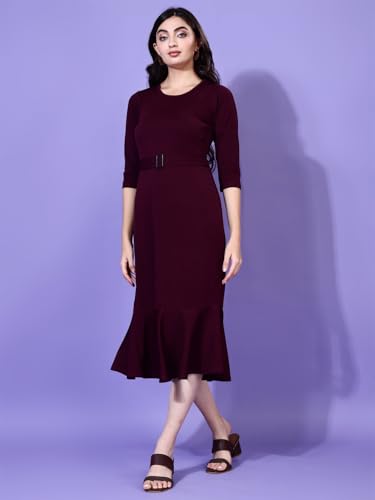 Attire Empire Women Solid Drop-Waist Midi Dress Maroon
