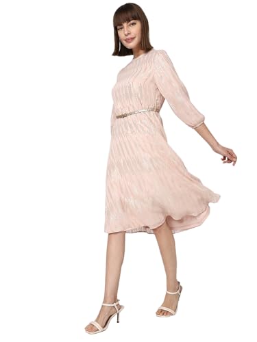 VERO MODA Women Textured Polyester Midi Beige A-Line Dress