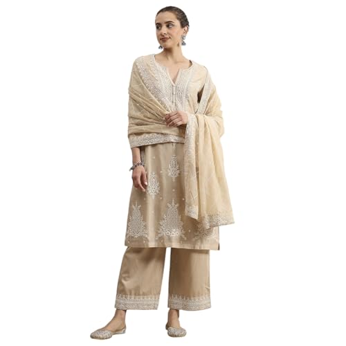 Biba Women Natural White Chanderi Straight Dyed Suit Set_38