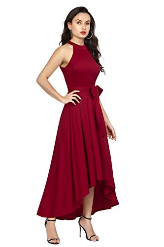 REMO - The Right Choice Women's Halter Neck Maxi Dress, Maroon Red, High-Low Hem with Waist Tie Belt, Sleeveless (in, Alpha, M, Regular)