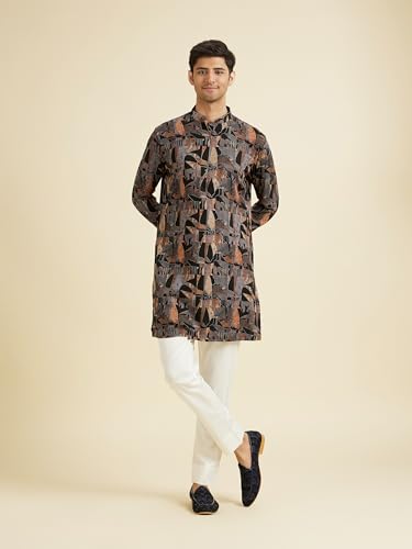 Manyavar Men's Spandex Abstract Metallic Gold Print Kurta(Black,XL)