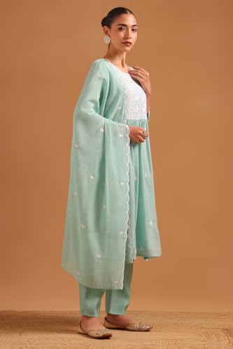 Soch Womens Turquoise Blue Mul Chanderi Embroidered Ethnic Motifs Chikankari Embroidery Salwar Suit